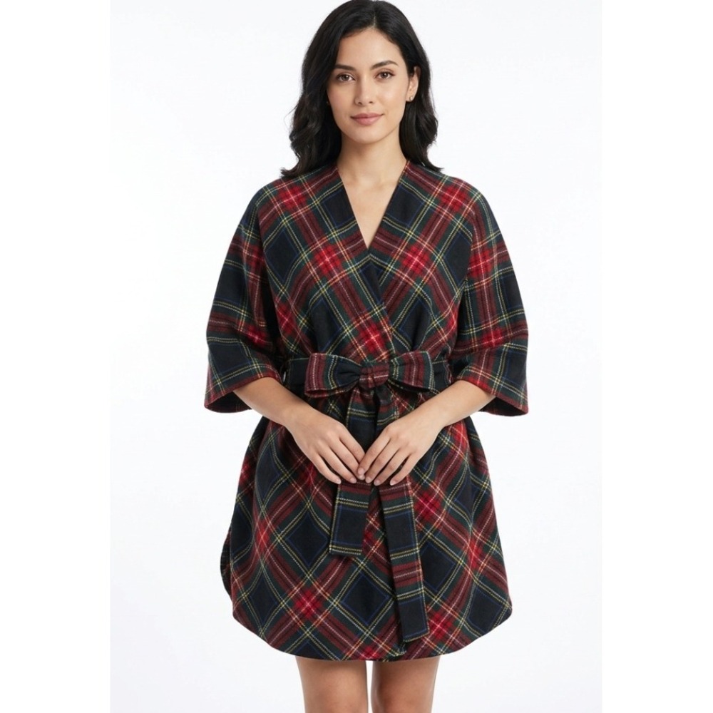 Texas Body Hangings Plaid Poncho Wrap Women OS Multi-Color Belt Tartan Shawl Vtg